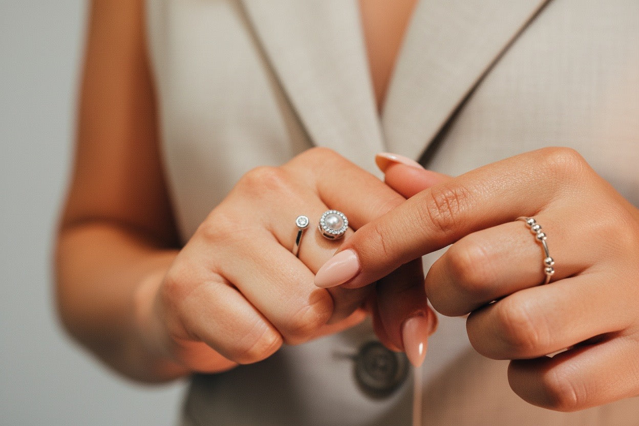 White gold fidget bundle - pearl spinner ring and abacus fidget ring