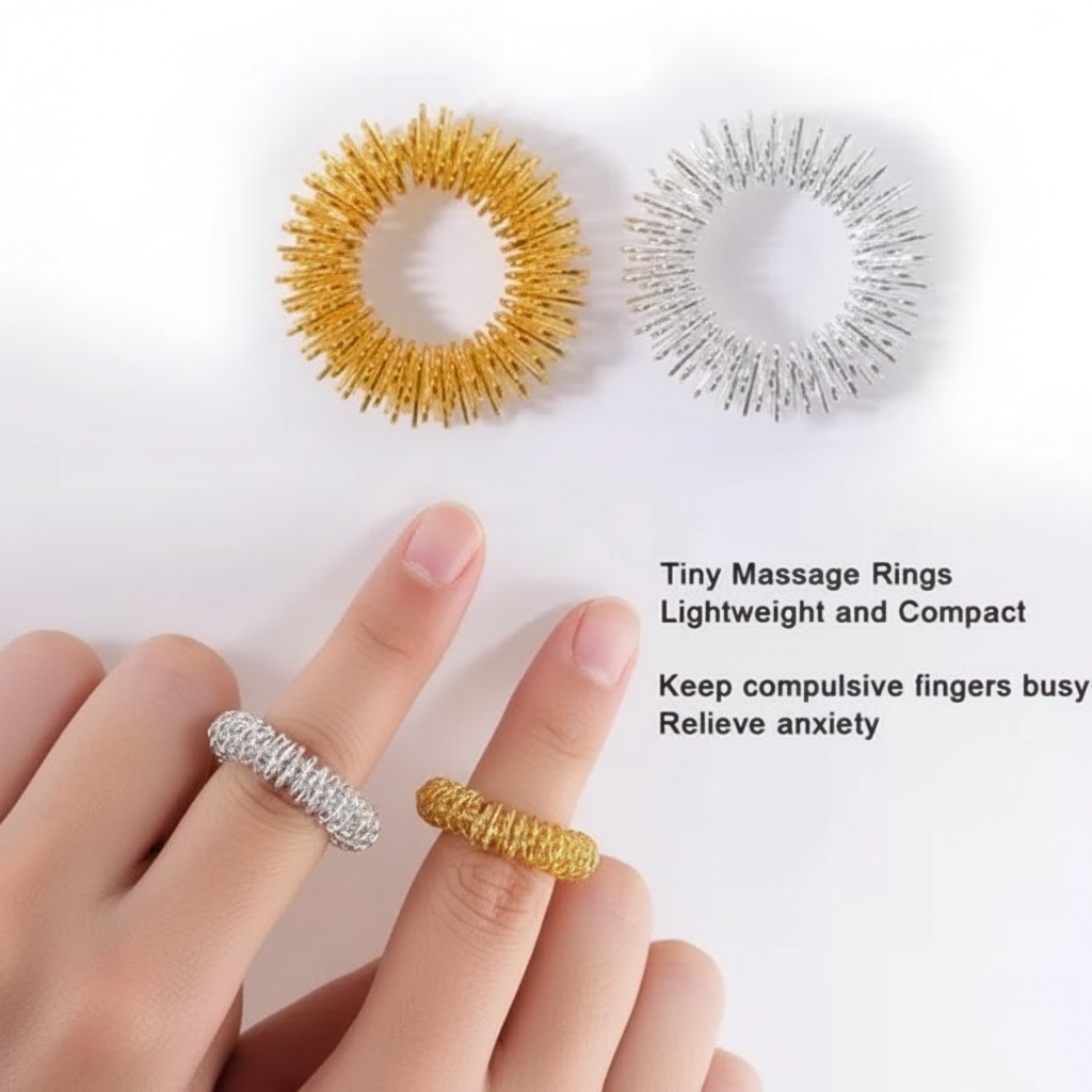 Gold and silver acupressure rings on fingers with text about their benefits on a white background
