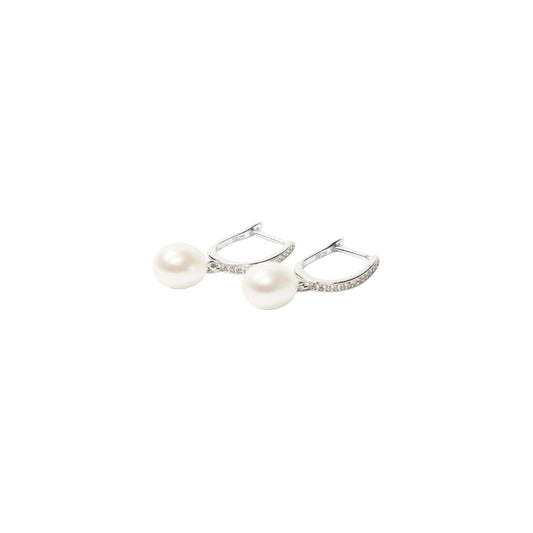 Drop freshwater pearl huggies style earrings with sterling silver