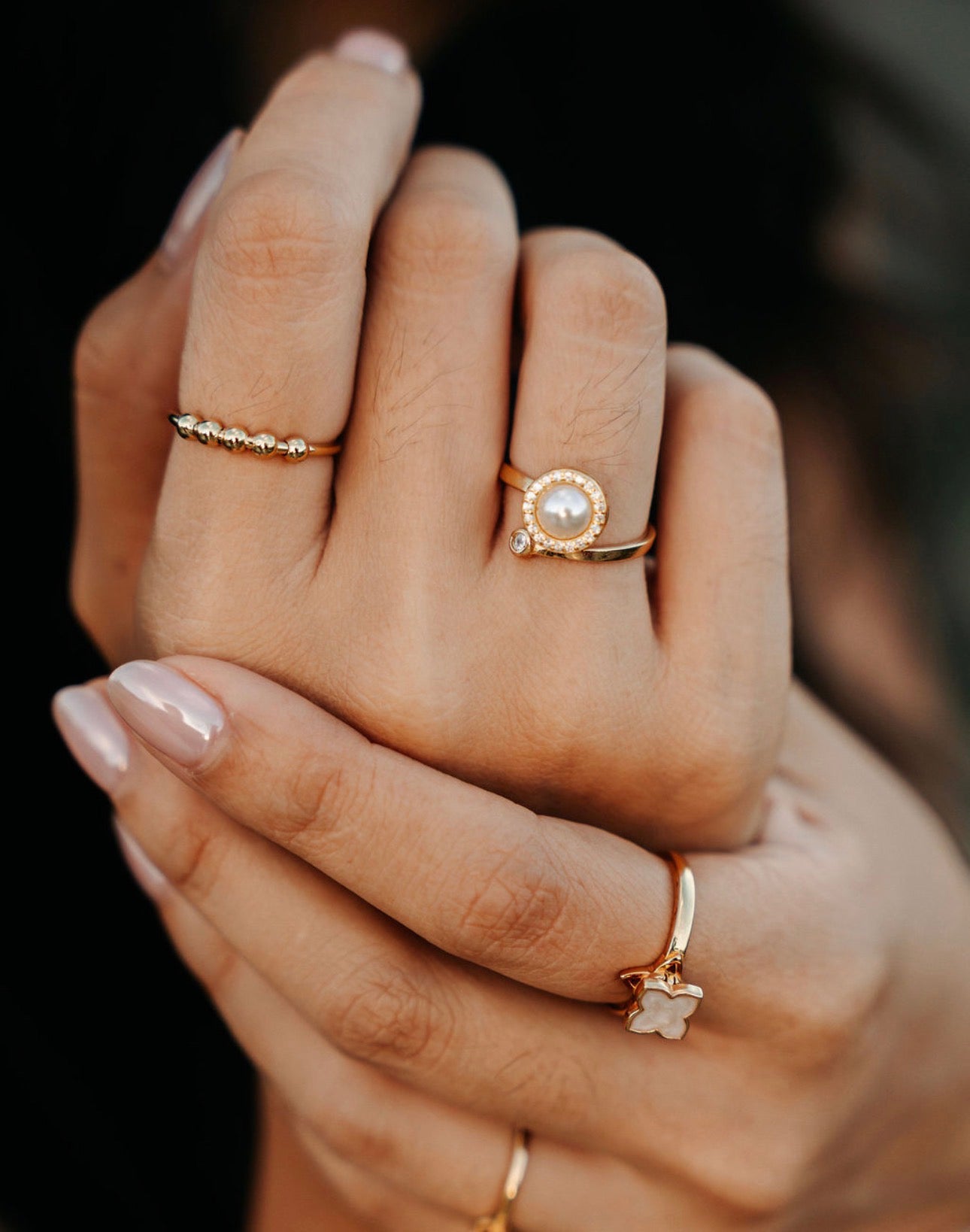 3 Piece Bundle: Pearl earrings, ELENA pearl spinner and REMMIE white flower spinner fidget rings