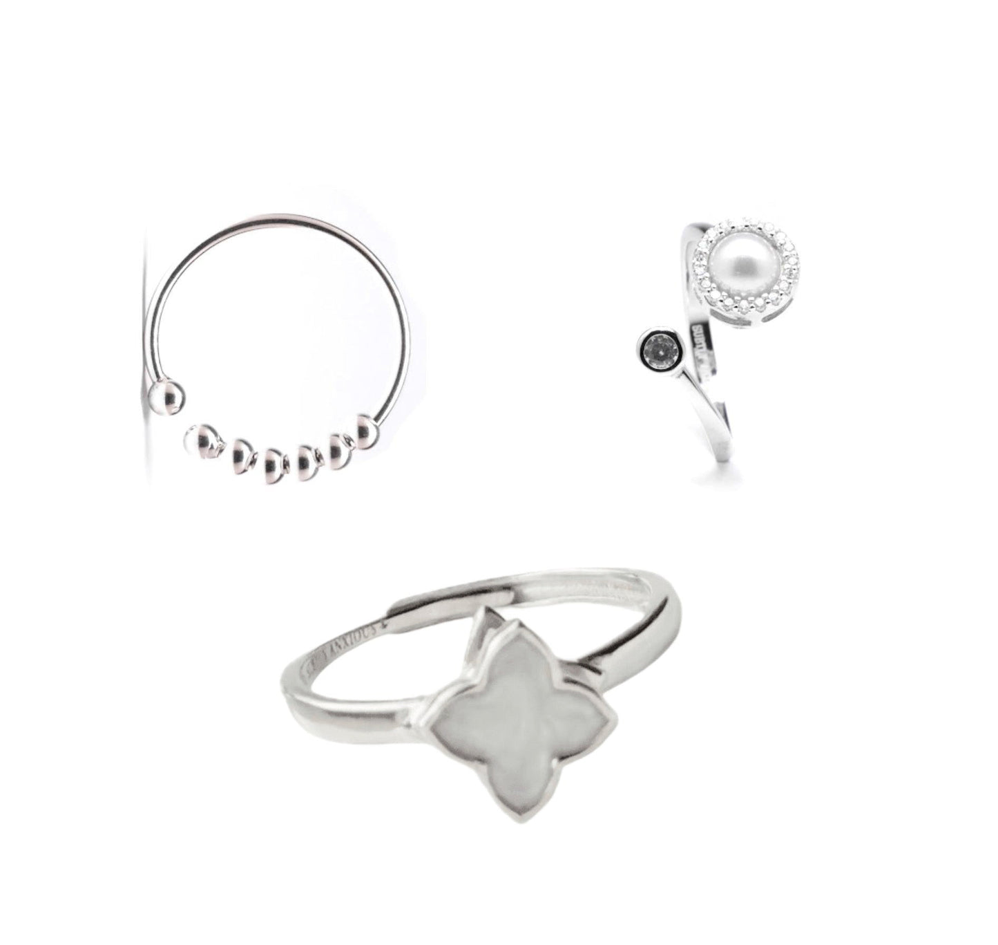 3 Piece Christmas Bundle: White gold flower spinner fidget ring, pearl spinner fidget ring and abacus fidget ring