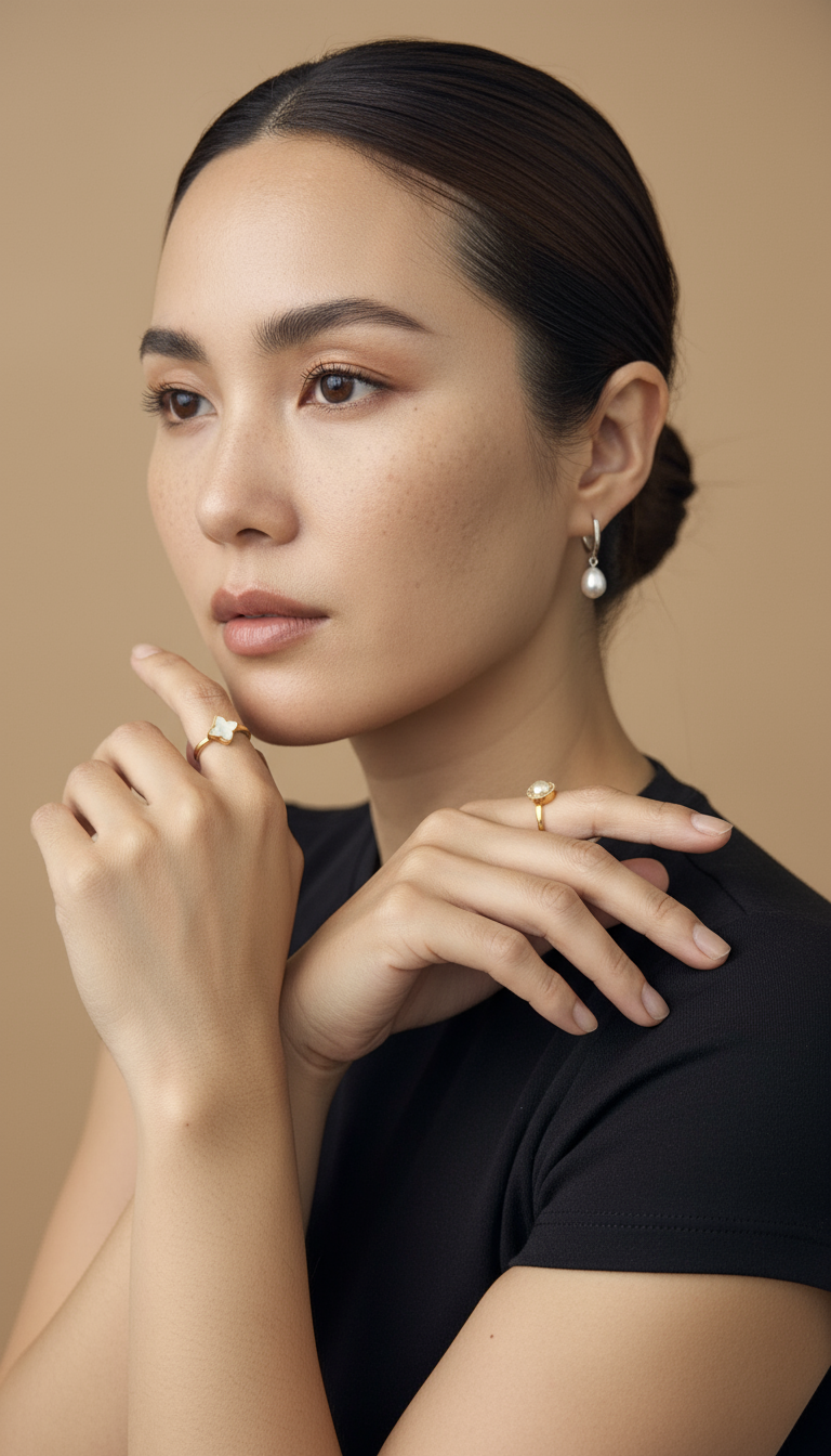 Woman wearing 2 anxiety rings in gold and pearl drop earrings 