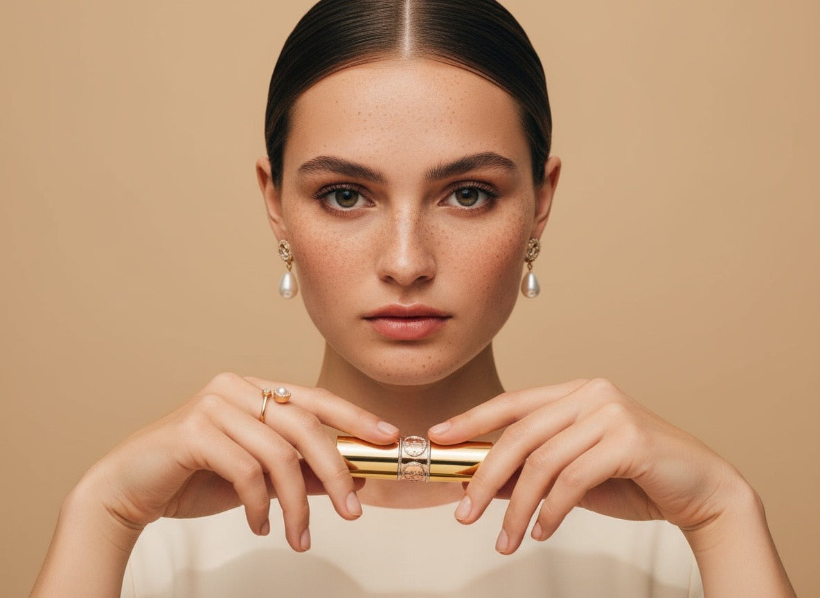 Woman holding YSL lipstick wearing anxiety ring