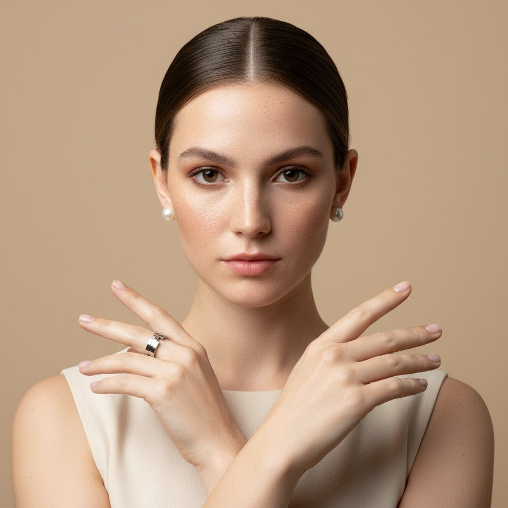 Woman wearing clicking fidget ring 
