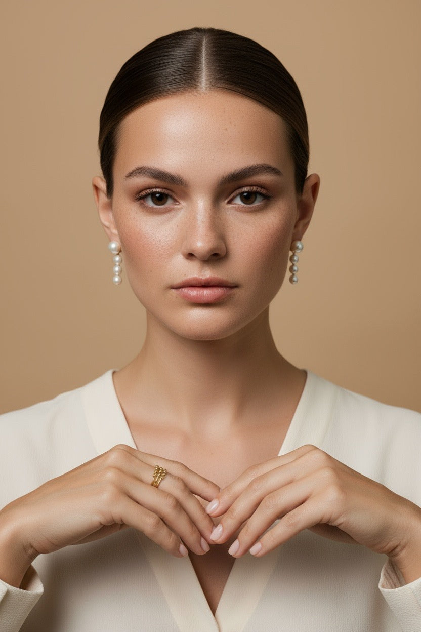 Woman wearing elegant earrings and white top and wearing three stack fidget rings